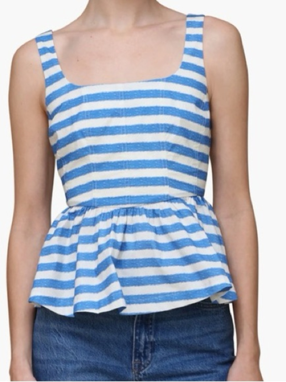 NWT Avec Les Filles Blue and White Striped Peplum Sleeveless Top